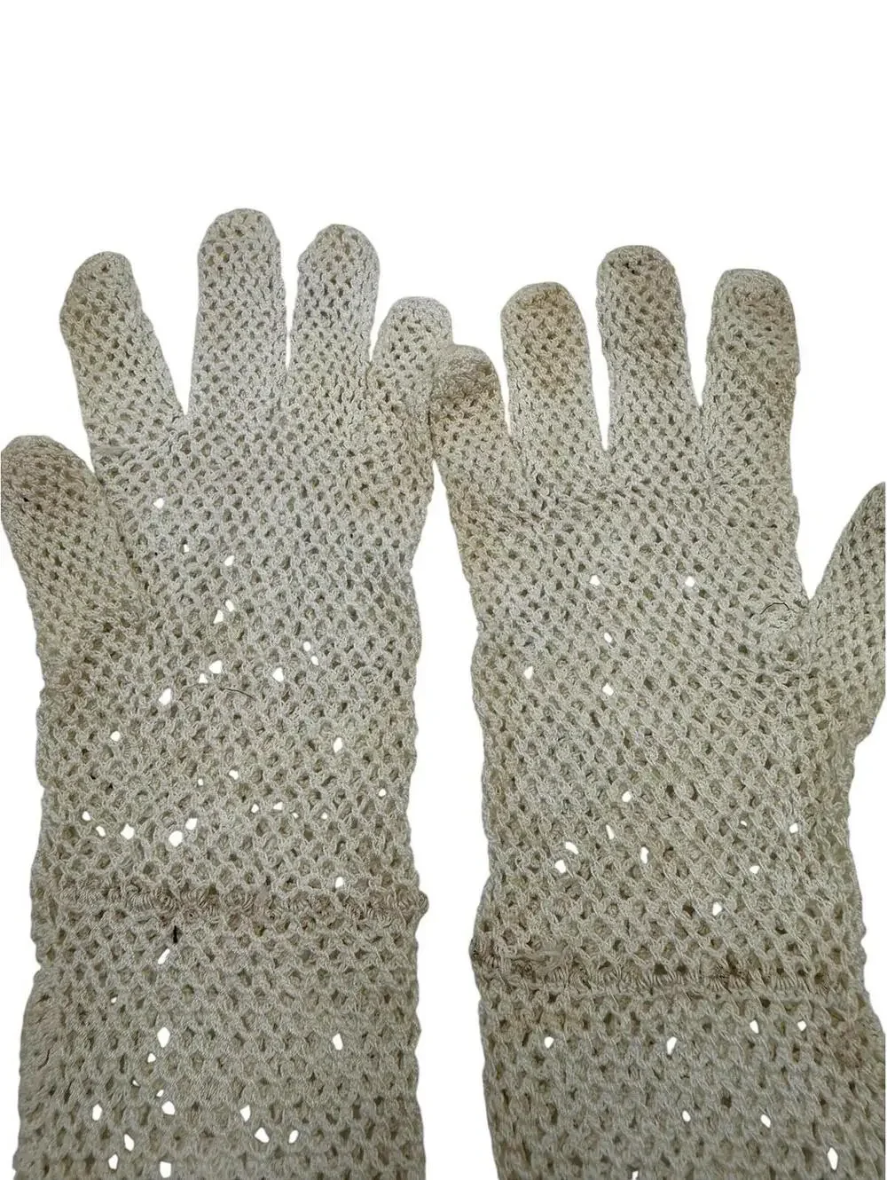 Vintage 1930s Hand Crochet Cotton Gloves. Opera Length, Ivory, Wedding, Forma;